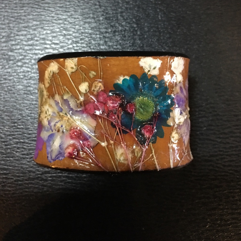 Custom leather cuff with REAL flowers